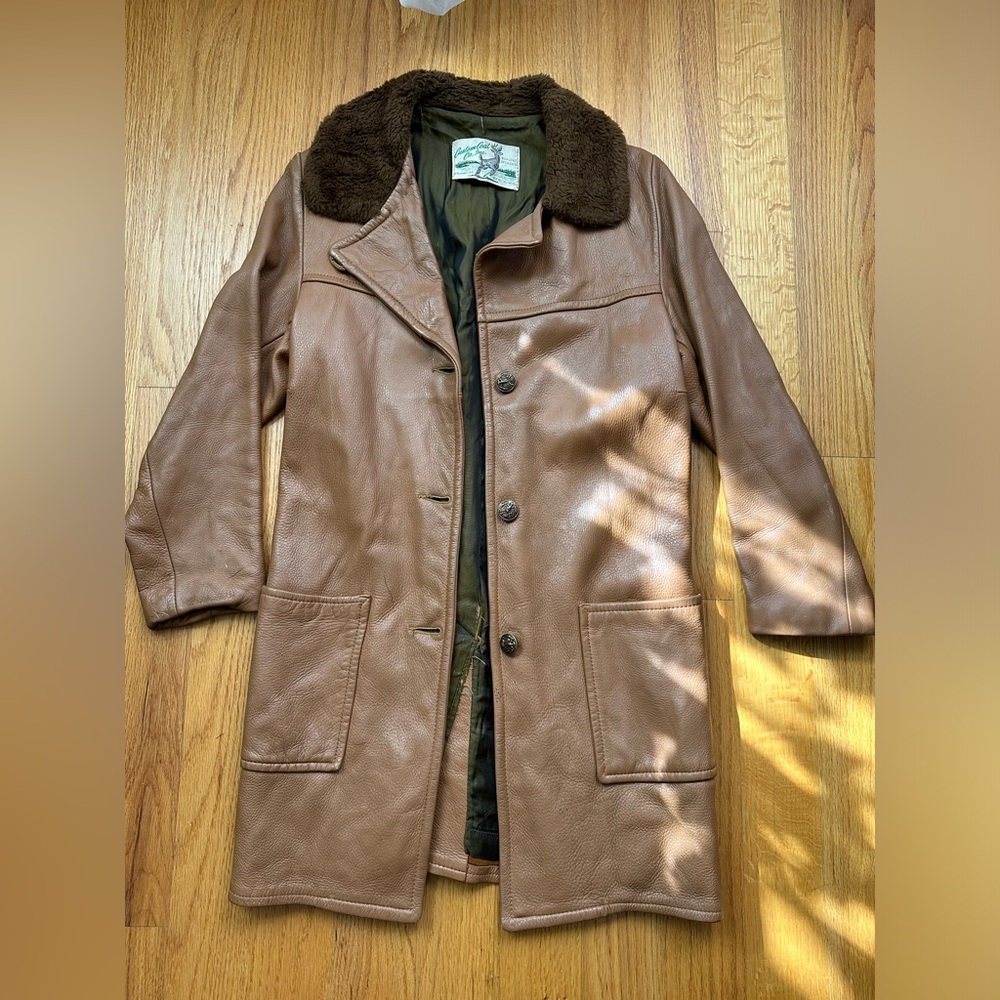 Mens 60s Vintage Genuine Leather Deerskin Buckskin Folded Collar Coat Jacket